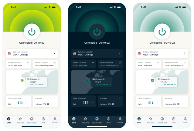 Screenshots of ExpressVPN mobile apps in three different Themes