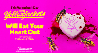 A key art image for Yellowjackets Season Three featuring a heart candy, wasps and blood on a pink background.
