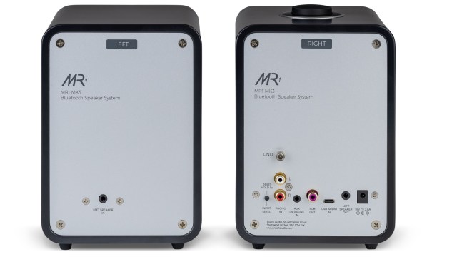 A rear view of the Ruark Audio MR1 Mk3 Bluetooth speakers showing their inputs and outputs