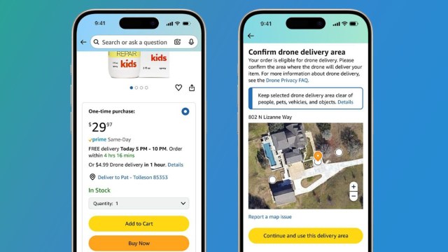 Two phones on a green and blue background showing how the Amazon Prime Air ordering process works