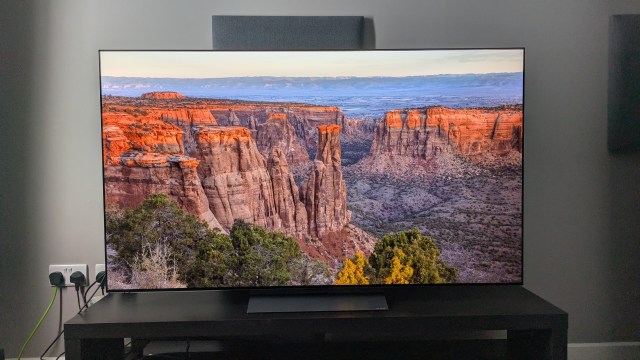 LG C5 with sunrise over canyon on screen
