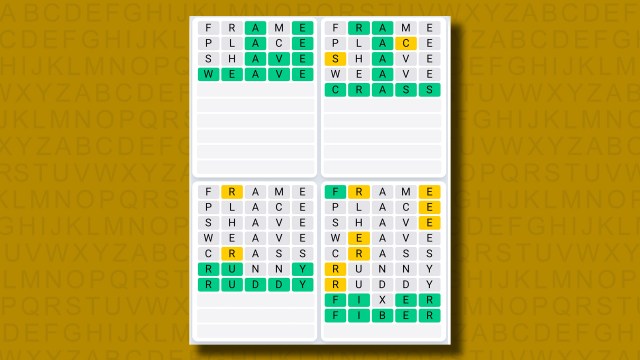 Quordle Daily Sequence answers for game 1259 on a yellow background