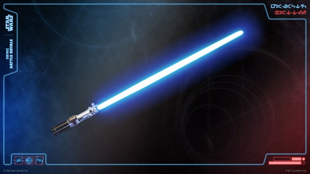 A blue lightsaber against a blue, red, and black background