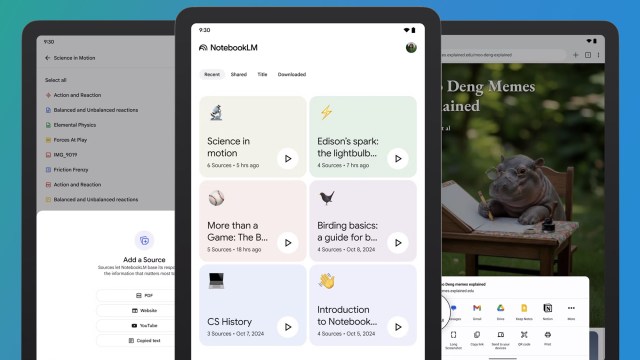 Three tablets on a blue background showing the NotebookLM app