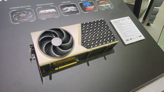 An MSI GeForce RTX Expert OC graphics card being displayed at Computex 2025