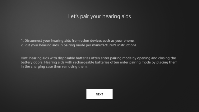 A look at the Fire TV interface for pairing a hearing aid.