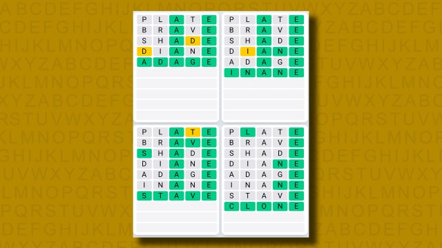 Quordle Daily Sequence answers for game 1265 on a yellow background