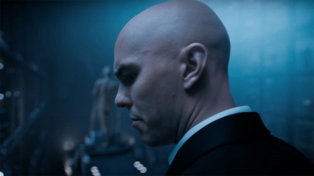 A close up of Lex Luthor looking over his left shoulder in 2025's Superman movie