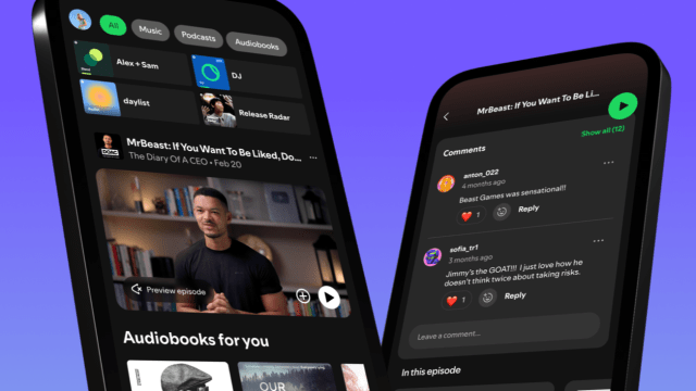 The Spotify homepage recommending a video podcast, with a close up of a comments section