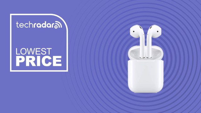 Apple AirPods on a purple background