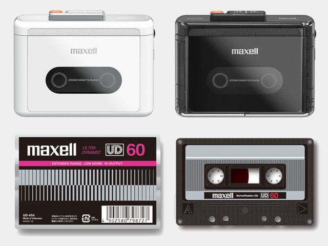 Maxell MXCP-P100 in white and black, alongside a Maxell 60 minute cassette and box