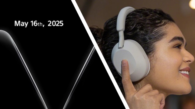 A teaser for the launch of the WH-1000XM6 headphones next to a woman wearing the WH-1000XM5 headphones