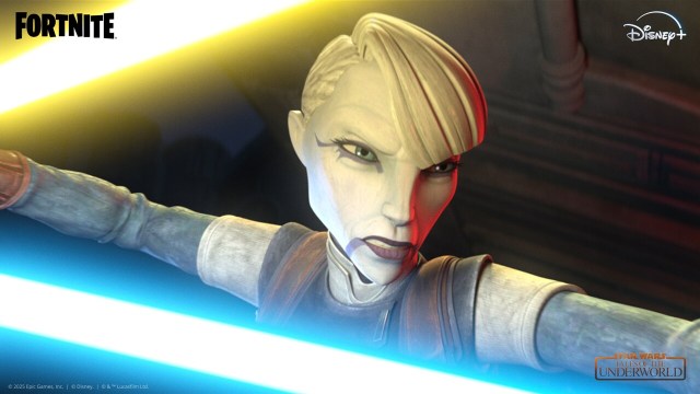 Ventress wields dual yellow and blue lightsabers