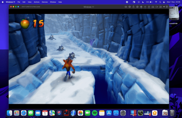 Parallels Desktop 17.1 running Crash Bandicoot on a MacBook Pro 14-inch