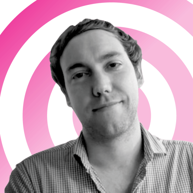 A black-and-white image of Roland Moore-Colyer on a white background with a concentric pink circles