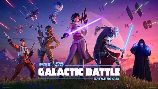 Poe Damarion, Chewbacca, General Grievous, and Darth Sidious pose as TIE fighters and X-Wings battle in the skies above them