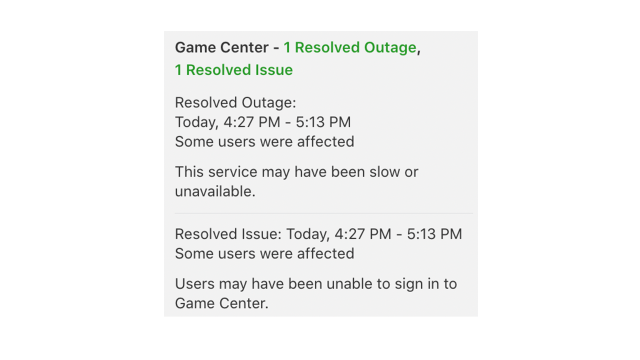 Apple Status page with resolved issue