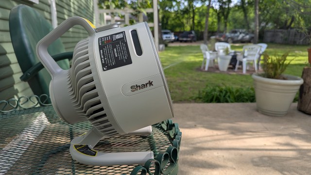 Shark FlexBreeze HydroGo portable fan in a garden