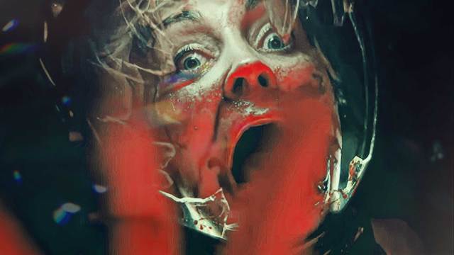 a screaming woman's face inside a spacesuit helmet