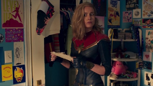 A shocked Captain Marvel looks around Kamala Khan's room after they trade places in Ms Marvel's episode 6 post-credits scene