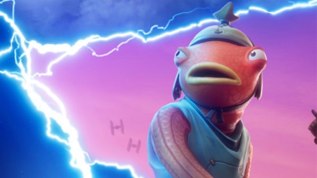 Fish Stick posing against a sky filled with TIE Fighters and lightning