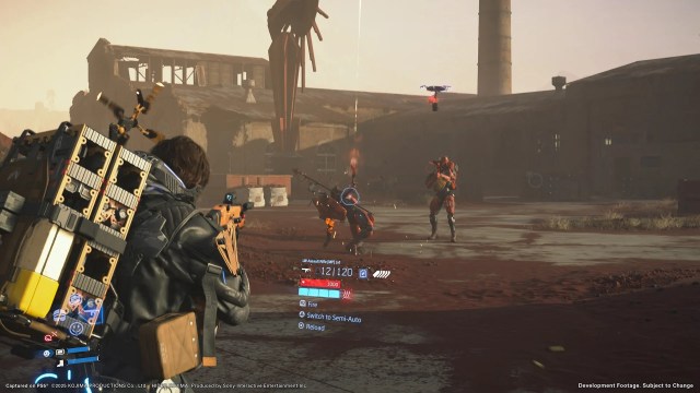 Sam Aims an orange assault rifle at robotic enemies
