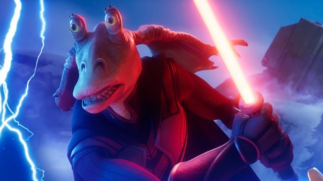 Darth Jar Jar holds a red lightsaber as lightning crackles around him