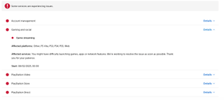 Screenshot showing detail from the PSN service status page