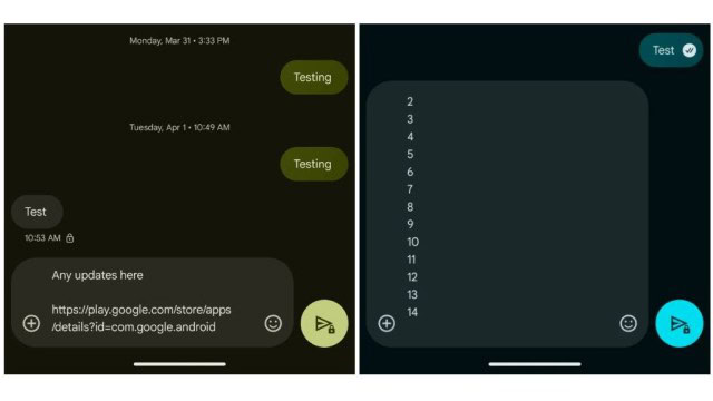 A screen shot of Google Message's expanded text lines