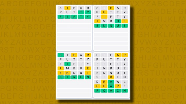 Quordle Daily Sequence answers for game 1239 on a yellow background