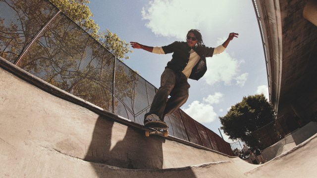 The Oakley Meta HSTN smart glasses being used by a skateboarder
