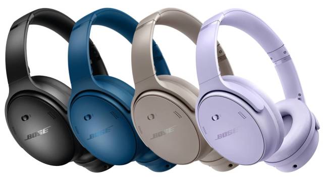 A collection of Bose QuietComfort headphones in black, blue, sandstone, and lilac.