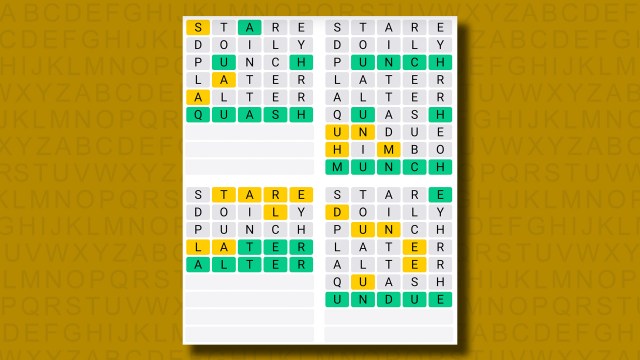 Quordle answers for game 1203 on a yellow background
