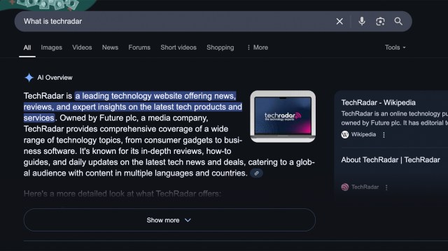 Google's AI Overview response to "what is TechRadar"