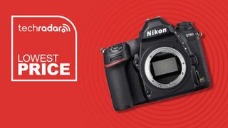 Nikon D780 DSLR camera on red background