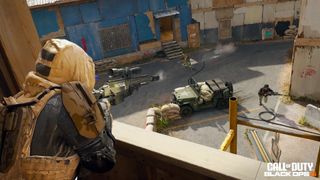 A sniper fires down at players running through a firing range