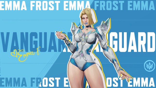 Emma Frost poses in front of a blue background overlaid with the words "Vanguard" and "Emma Frost"