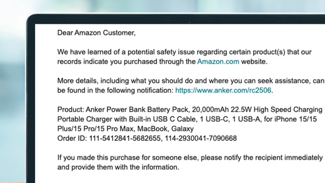 A laptop screen showing an Anker power bank recall email