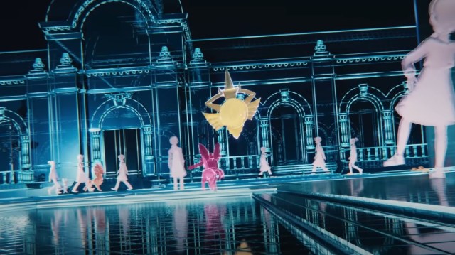 A screenshot from the Pokémon Legends: Z-A CGI trailer showing a Sylveon and Aegislash battling.