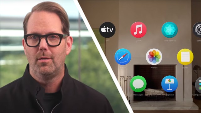 A photo of Apple exec Alan Dye next to the Apple Vision Pro interface