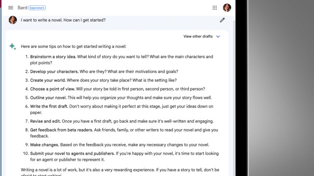 A laptop screen on a grey background showing a conversation with Google Bard