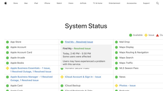 Apple System Status Page – Find My resolved