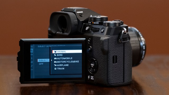 The Fujifilm X-T5 camera sitting on a table