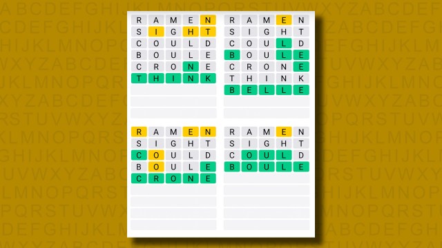 Quordle answers for game 1225 on a yellow background
