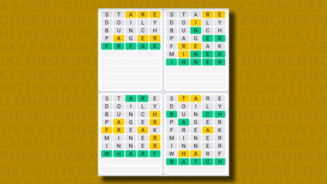 Quordle Daily Sequence answers for game 1203 on a yellow background
