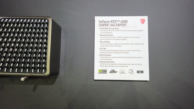 An MSI GeForce RTX Expert OC graphics card being displayed at Computex 2025