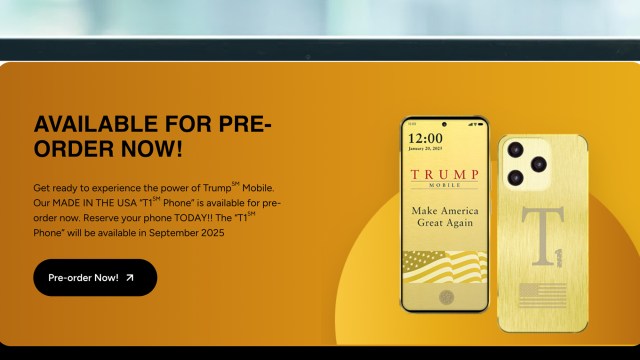 A laptop screen showing the pre-order page for the Trump Mobile T1