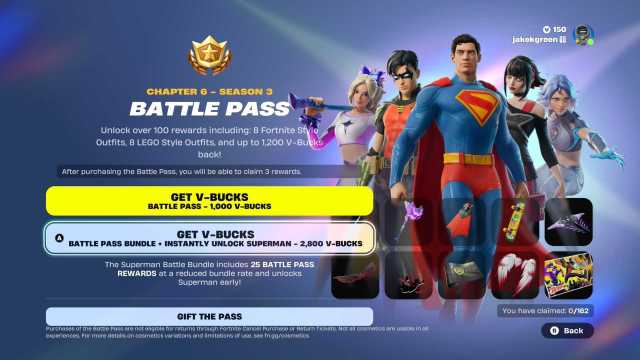The Premium Battle Pass purchase screen, with Superman and other heroes onscreen