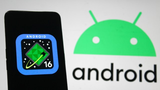 A phone sillhouette with the Android 16 logo, alongside an Android logo in the background