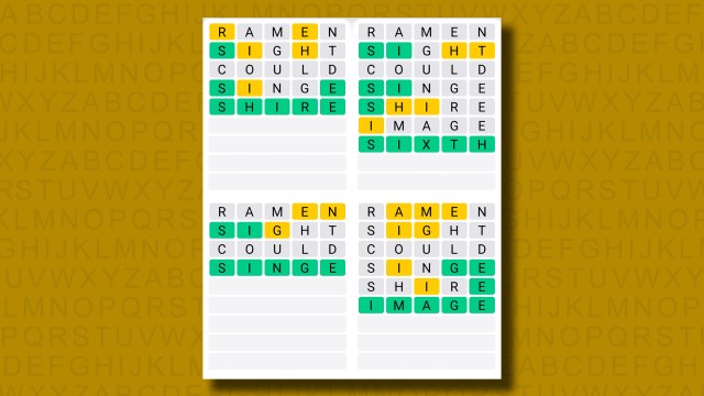 Quordle answers for game 1262 on a yellow background